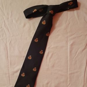 Vintage Handmade Polo By Ralph Lauren Navy Blue Silk Tie with Red/Gold Crest